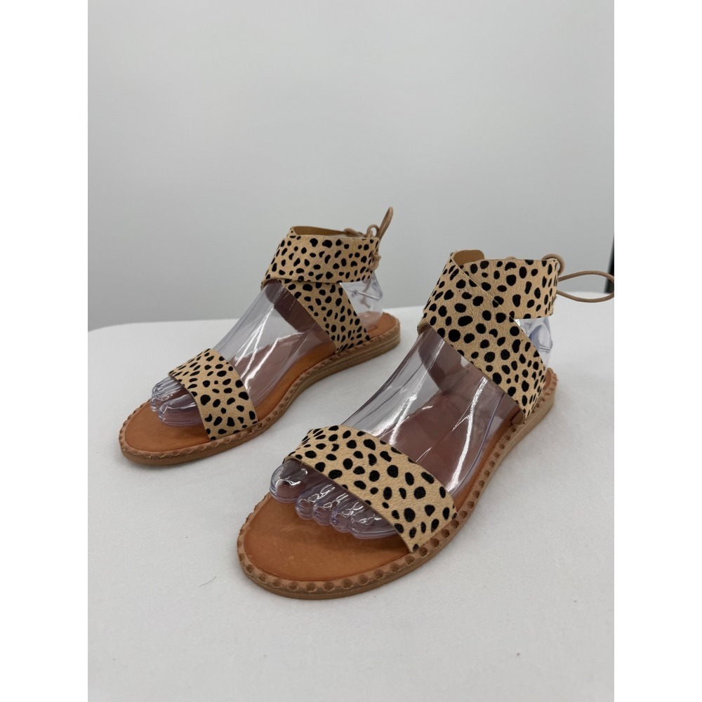 Dolce Vita Cheetah Calf Hair Ankle Wrap Lace Up Flat Sandals Womens 8 Tan Black - Picture 2 of 10
